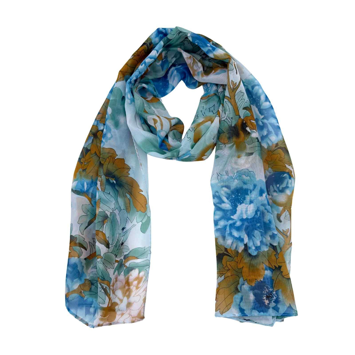 Jacaru chiffon scarf with turquoise, brown and aqua floral pattern