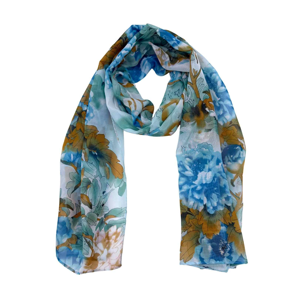Jacaru chiffon scarf with turquoise, brown and aqua floral pattern