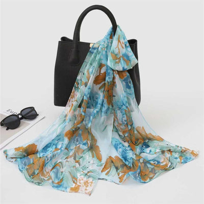 Jacaru 1694 Chiffon Scarf - Turquoise, Brown & Aqua Flowers