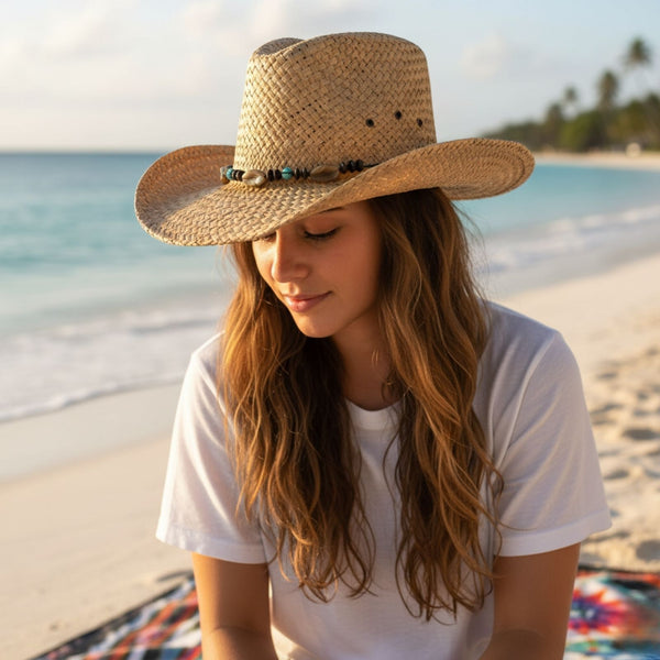 Jacaru 1818D Straw Cowboy Hat with Turquoise beads