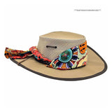 Beige Ladies Camper Hat with a colorful band on a white background