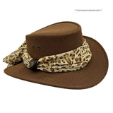 Brown Jacaru 1103 Alice Hat with a leopard print scarf on a white background