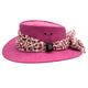 A Fuchsia Jacaru 1103 Alice hat made from vegan leather, featuring a wide brim and a multicolored scarf adorned around the base.