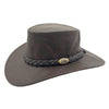 A brown kangaroo leather hat with a braided band and a metal buckle, handcrafted in Australia.