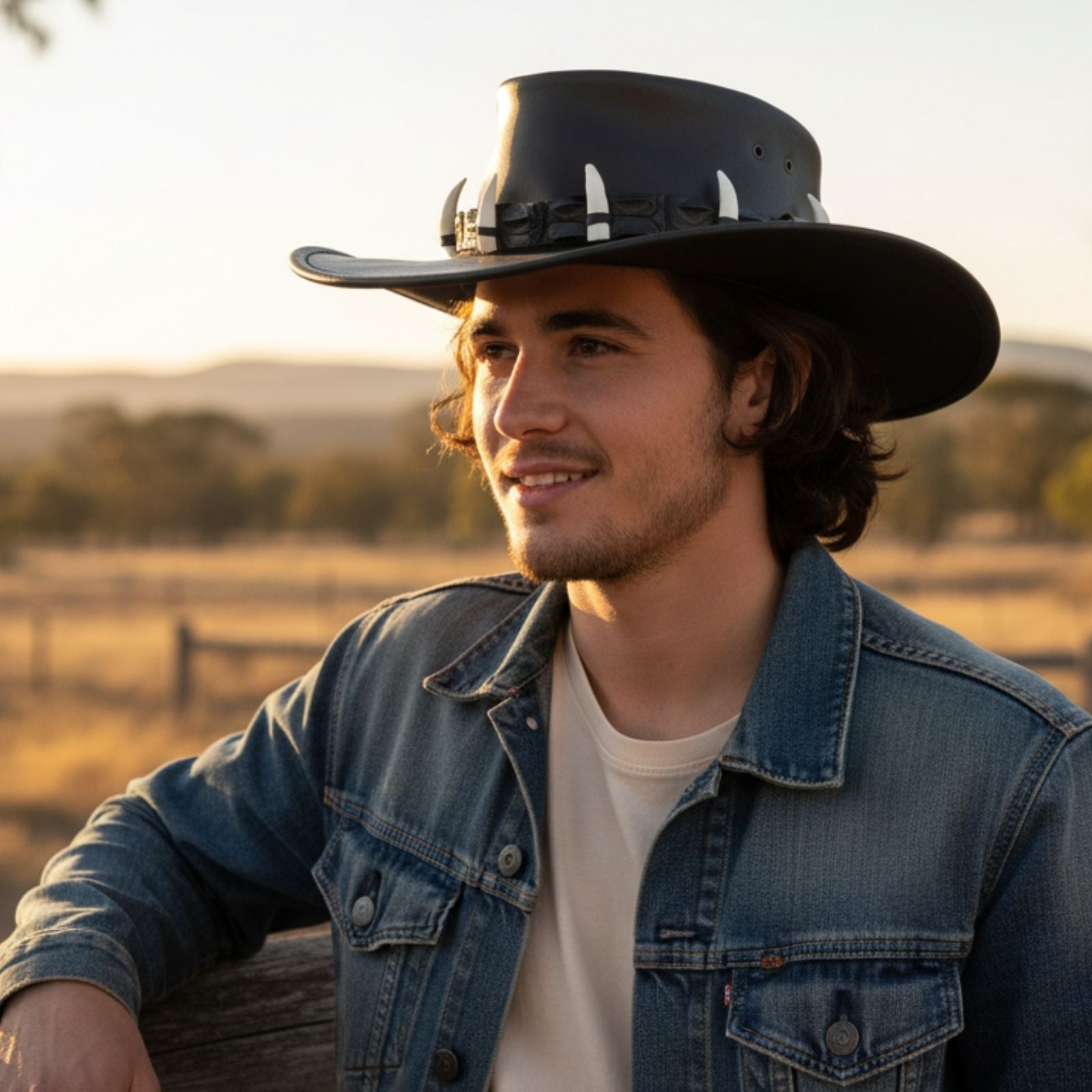Man wearing a black Dundee Croc 9 Croc Teeth Hat and denim jacket in a rural setting