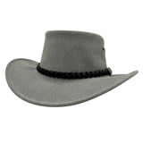 Gray cowboy hat with a braided band on a white background