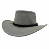 Gray cowboy hat with a braided band on a white background
