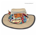 Beige Ladies Camper Hat with a colorful scarf on a white background