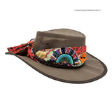 Brown Ladies Camper Hat with a colorful band on a white background