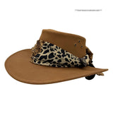 Mushroom Jacaru 1020 Jillaroo Hatwith a leopard print bandana on a white background