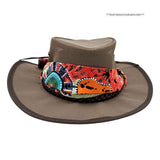 Brown Ladies Camper Hat with a colorful scarf on a white background