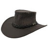 A Stonewash Brown Jacaru 519 Roo Squashy hat with a stonewash kangaroo leather crown and cow leather brim, featuring a braided band and a metal button.