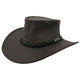A Stonewash Brown Jacaru 519 Roo Squashy hat with a stonewash kangaroo leather crown and cow leather brim, featuring a braided band and a metal button.