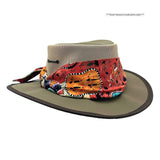 Khaki Ladies Camper Hat with a patterned band on a white background