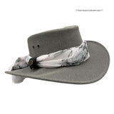 Gray Jacaru 1103 Alice Hat with a patterned scarf on a white background