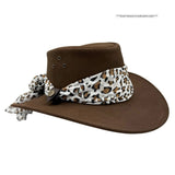 Brown Jacaru 1020 Jillaroo Hat with a leopard print bandana on a white background