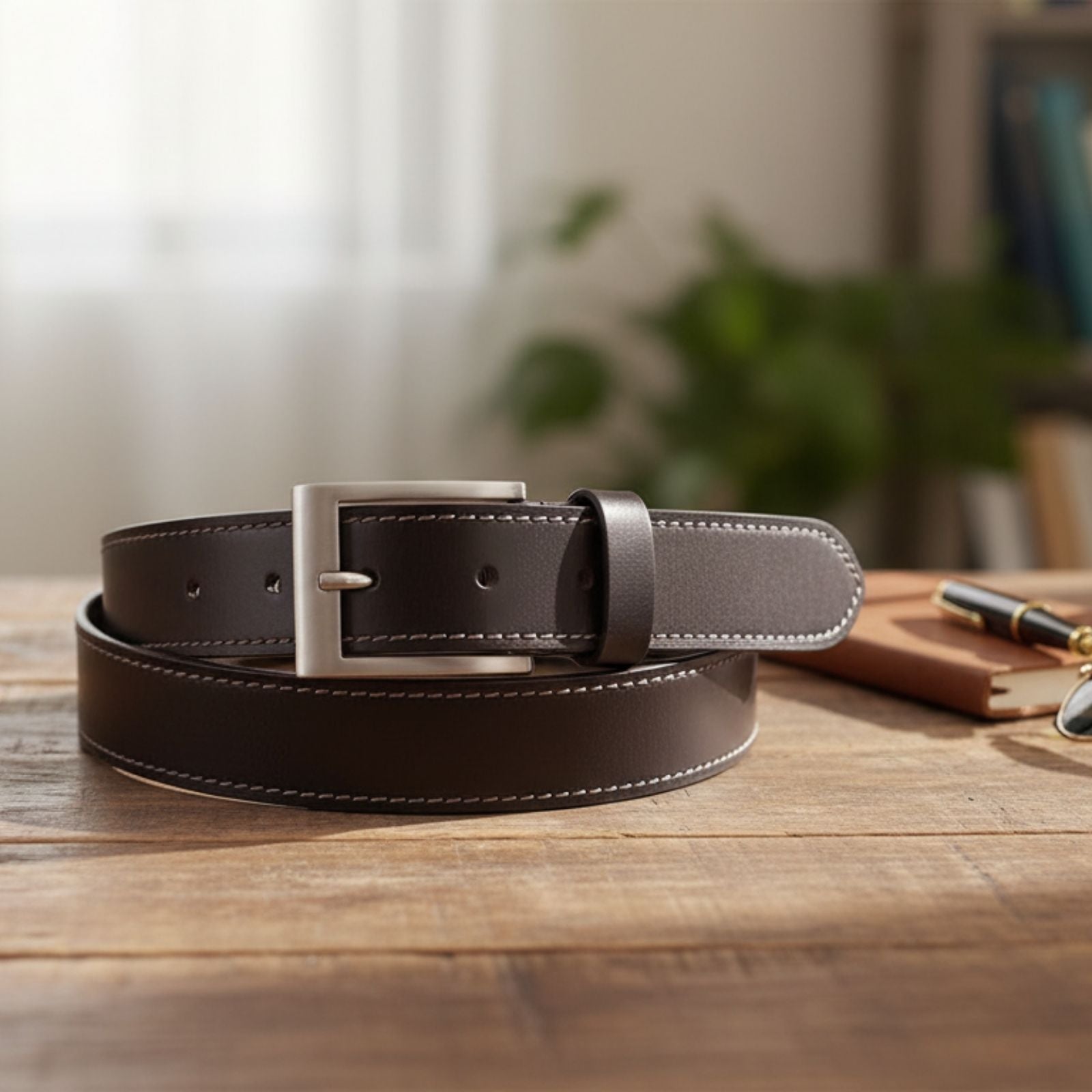 Jacaru 6015 Stitched Leather Belt 35mm in Brown