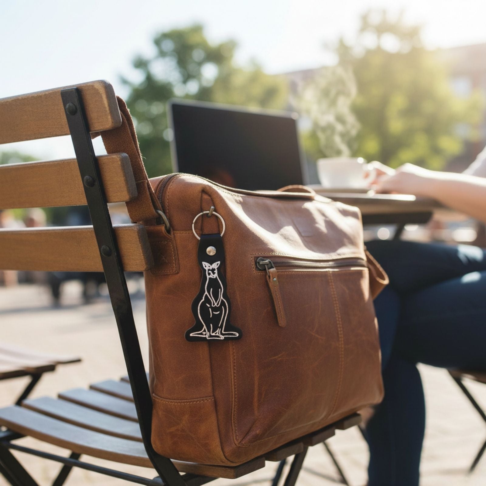 Kangaroo printed leather keyring on a bag
