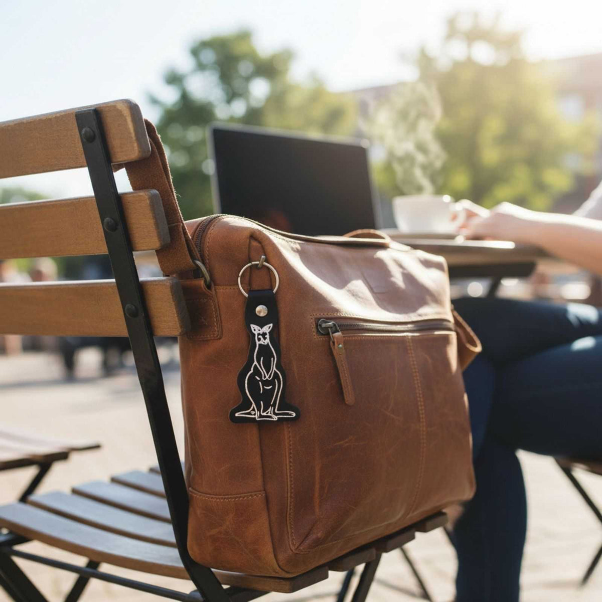 Kangaroo printed leather keyring on a bag