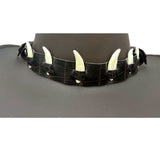 Jacaru 6582 dark leather hatband with six mini bone decorations attached to brown leather hat.