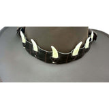 Jacaru 6582 dark leather hatband with six mini bone decorations attached to brown leather hat.