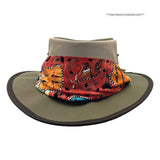 Khaki Ladies Camper Hat with a colorful band featuring animal patterns on a white background