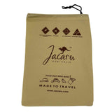 Jacaru beige traveller hat bag with brown logo and icons showing kangaroo leather, UV protection, and travel use.