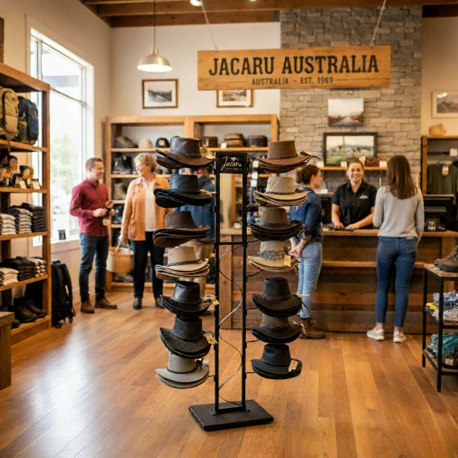 Jacaru Australia store interior with hat display stand.