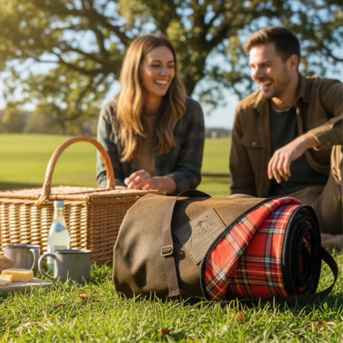 Jacaru 8003 brown oilskin picnic blanket with red tartan lining on grass beside wicker basket, mugs, and couple outdoors.