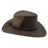 brown Jacaru 1150 Kangaroo Breeze Hat with braided band on a white background
