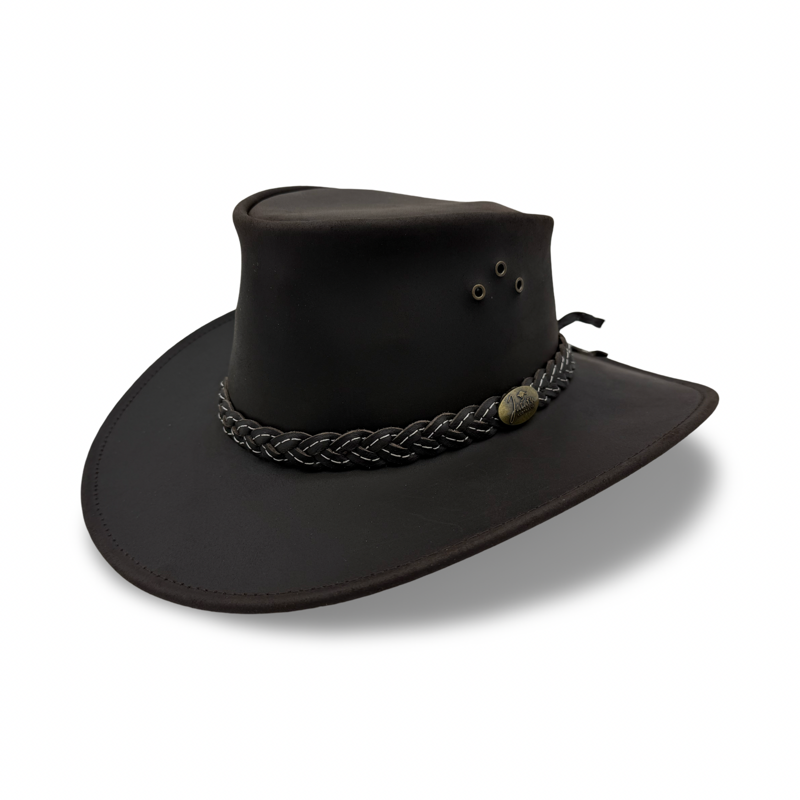 A black oiled bovine leather hat with a braided band, featuring eyelets and a flat brim.