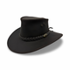 A black oiled bovine leather hat with a braided band, featuring eyelets and a flat brim.