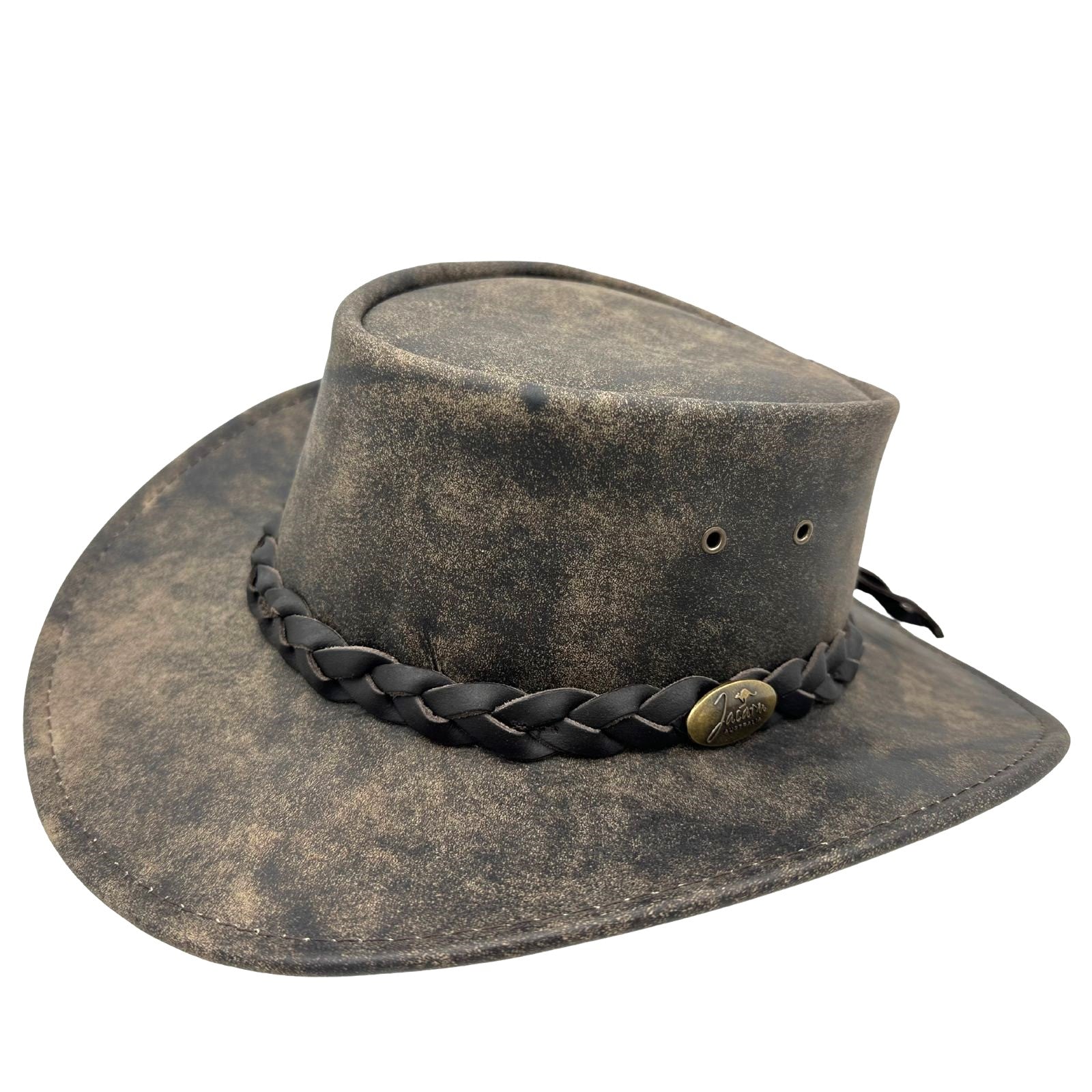 A brown Jacaru 1004 Explorer hat with a leather band and a unique stonewash color, displayed on a white background.
