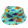 Jacaru 1894 kids fish bucket hat in turquoise with colorful cartoon fish and white bubble print featuring stitched brim.