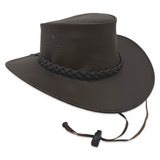 A wide-brimmed, outback-style hat in a matte dark brown finish