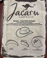 Jacaru canvas hat travel bag with folding instructions.