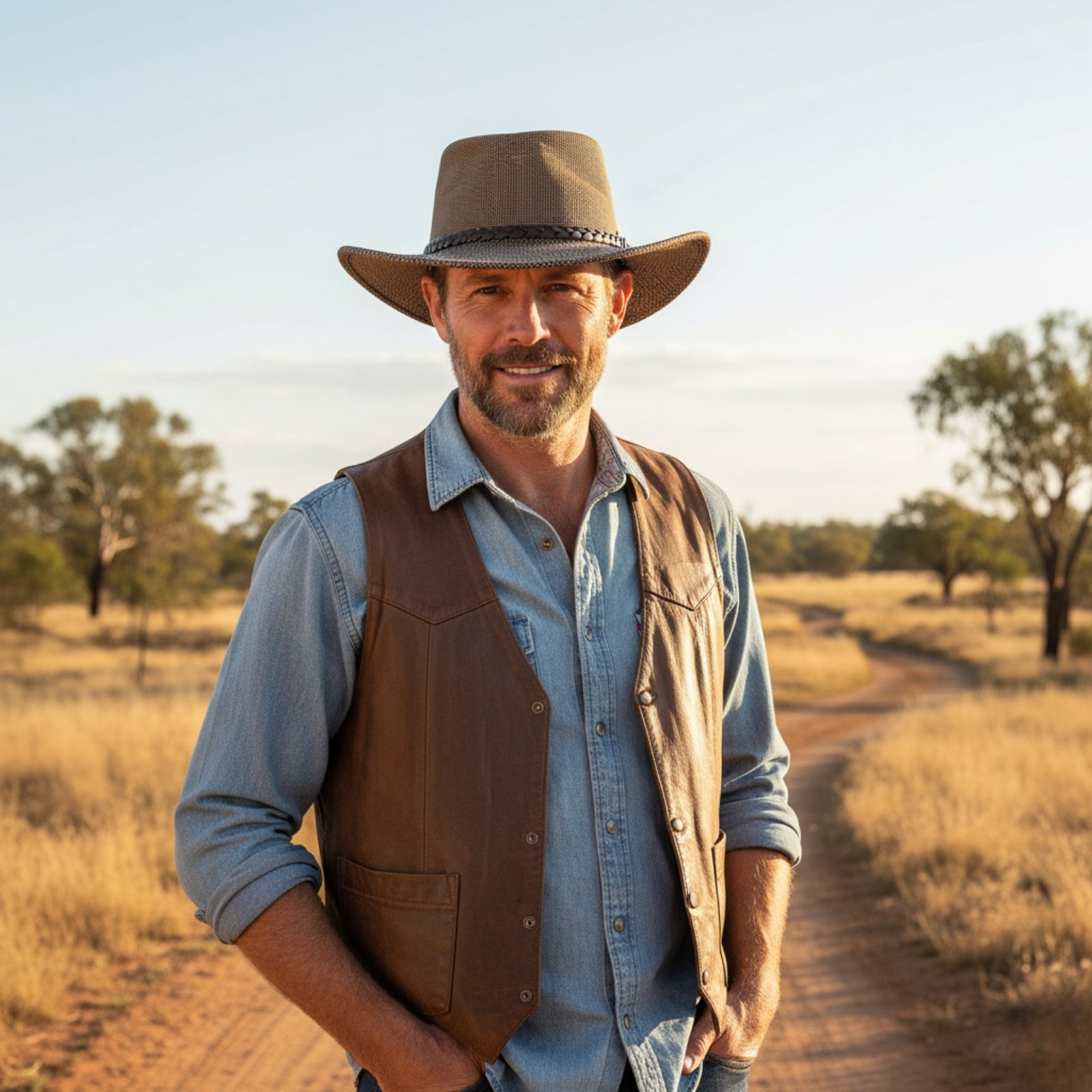 Smiling man in a Jacaru 1004M Mesh Rustic Explorer Hat - Special Edition Stonewash Brown and leather vest outdoors. 