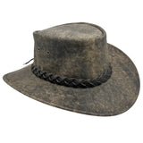 A brown Jacaru 1004 Explorer hat with a leather band and a unique stonewash color, displayed on a white background.