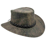 A brown Jacaru 1004 Explorer hat with a leather band and a unique stonewash color, displayed on a white background.