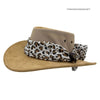 Tan wide-brimmed hat with a leopard print scarf on a white background