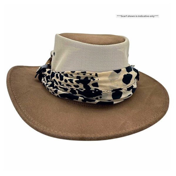 Brown wide-brimmed hat with a patterned scarf on a white background