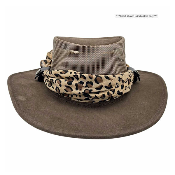 Brown wide-brimmed hat with a leopard print scarf on a white background