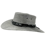 Stonewash Grey Jacaru 1134 Wild Roo Croc Digger Hat with a decorative band on a white background