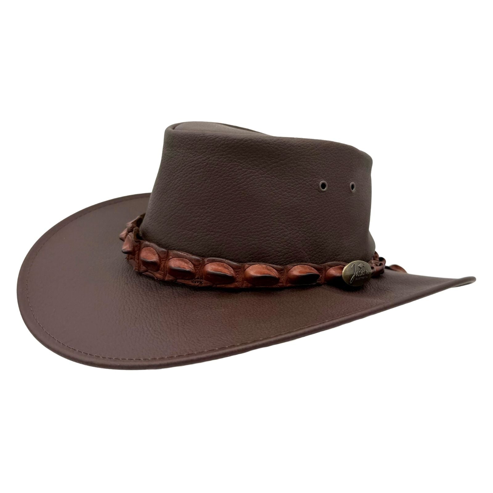 Brown Jacaru 1134 Wild Roo Croc Digger Hat with decorative band on a white background