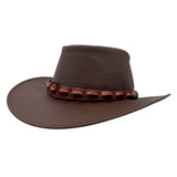 Brown Jacaru 1134 Wild Roo Croc Digger Hat with decorative band on a white background