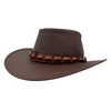 Brown Jacaru 1134 Wild Roo Croc Digger Hat with decorative band on a white background