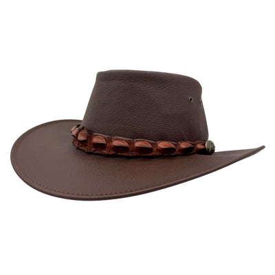 Brown Jacaru 1134 Wild Roo Croc Digger Hat with decorative band on a white background