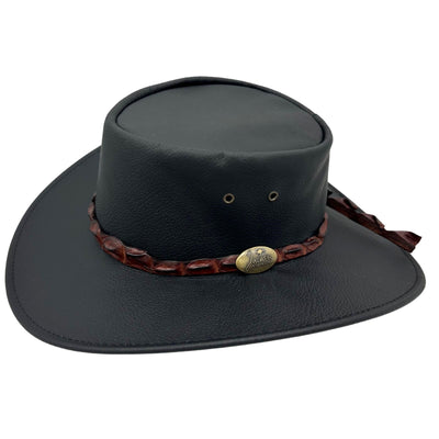 Black Jacaru 1134 Wild Roo Croc Digger Hat with decorative band on a white background