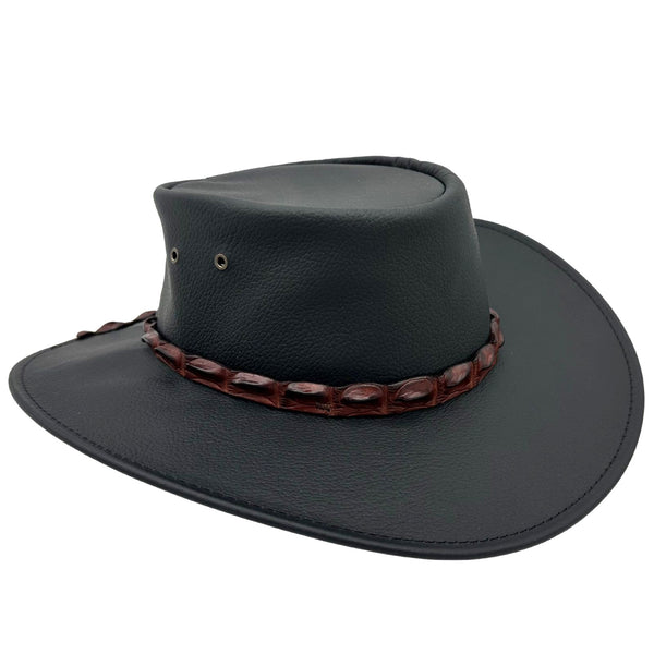 Black Jacaru 1134 Wild Roo Croc Digger Hat with decorative band on a white background