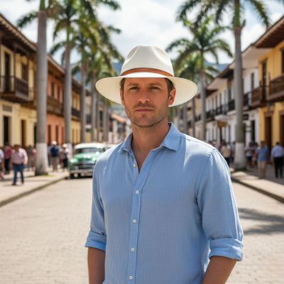 Man Wearing Bone Jacaru Toquilla Panama Hat